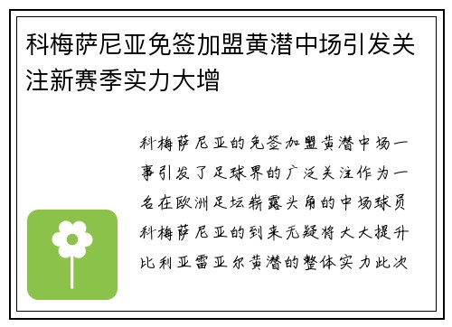 科梅萨尼亚免签加盟黄潜中场引发关注新赛季实力大增