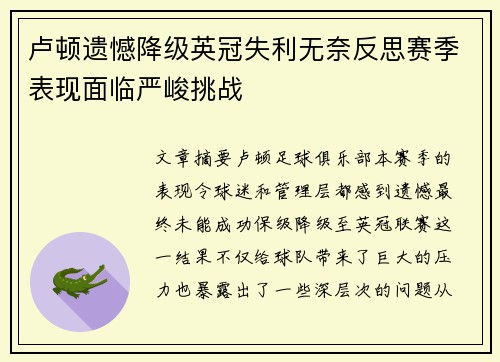 卢顿遗憾降级英冠失利无奈反思赛季表现面临严峻挑战